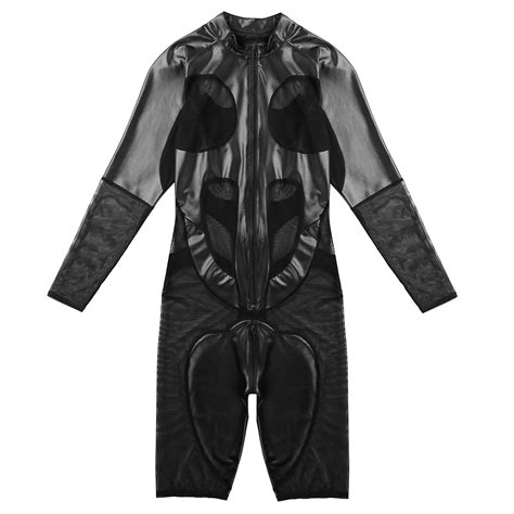 yizyif men s faux leather catsuit zipper bodysuit long sleeve jumpsuit underwear spandex costume