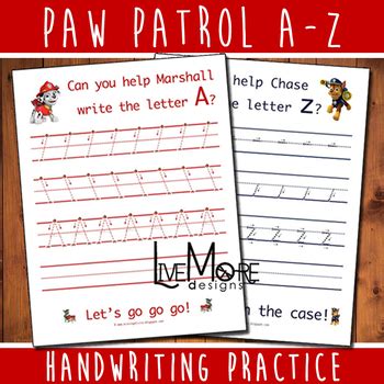 paw patrol complete alphabet handwriting practice worksheet set tpt