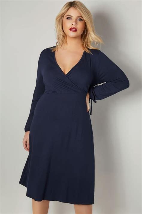 yours london navy jersey wrap dress with tie sleeves plus