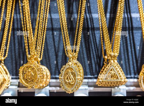 turkish gold necklaces  sale   stall  grand stock photo