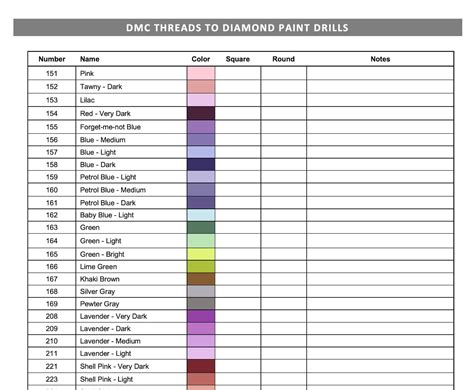 printable dmc color chart  diamond painting
