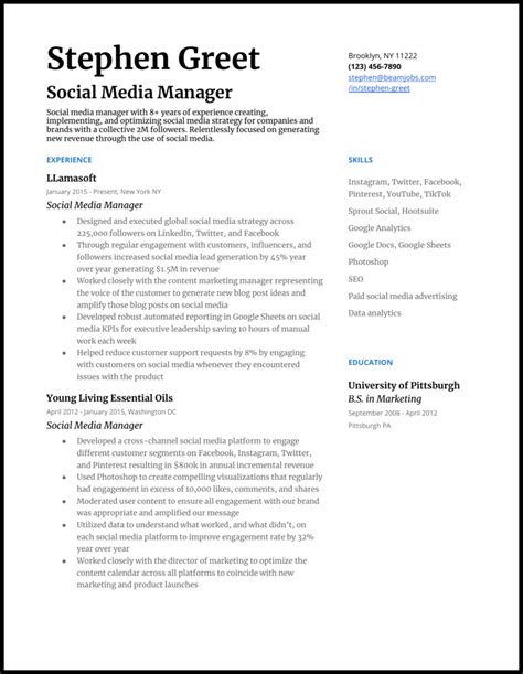 social media manager resume examples