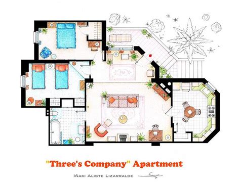 artist draws detailed floor plans  famous tv shows apartment floor plans threes company