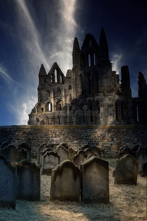 whitby abbey  cemetery  ghostly light stock photo image