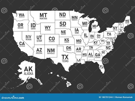 mapa de estados unidos de américa con nombres de estados y abreviaturas