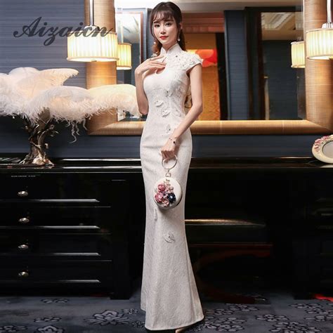 3d flower long qipao dress white mermaid chinese wedding dress
