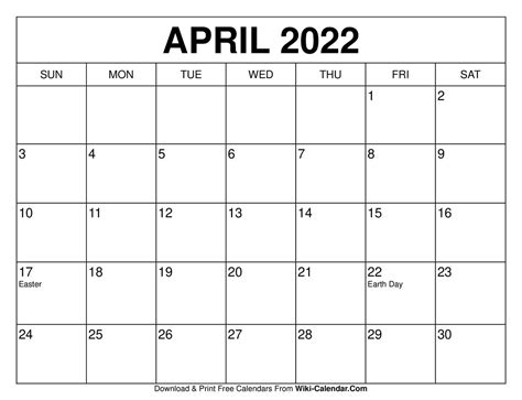 printable april  calendars