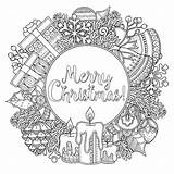Coloring Christmas Wreath Pages Merry Adult Adults Doodle Frame Round Candles Bells Colouring Color Symbols Reef Books sketch template