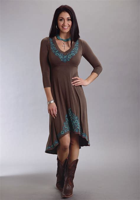 stetson brown turquoise embroidered  lo hem western dress
