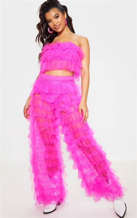 bright pink ruffle pants festival outfits cropped wide leg trousers rainbow outfit