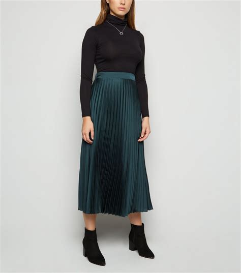 Dark Grey Pleated Satin Midi Skirt New Look Green Pleated Skirt