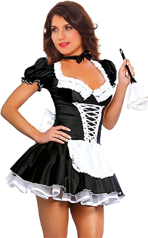 Jj Gogo Women S French Maid Costume Sexy Black Satin Halloween Fancy