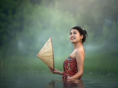 Hd Wallpaper Girl Bathing Outdoor Womens Orange Sash Asia Thailand