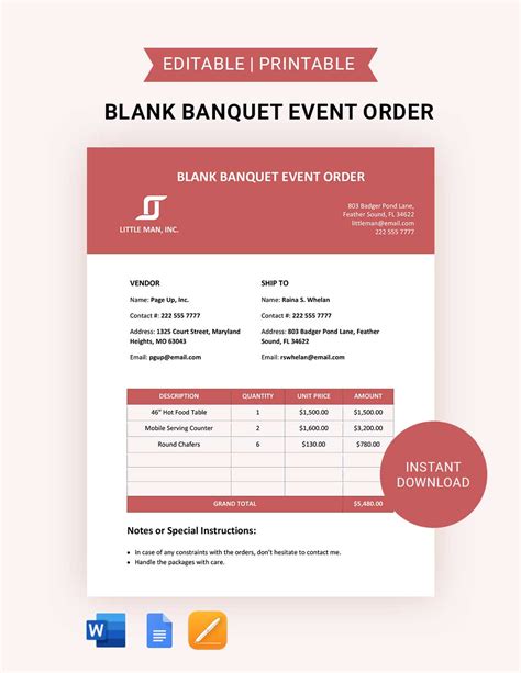 blank banquet event order template   word google docs