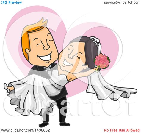 Clipart Of A Cartoon White Male Groom Carrying His Asian