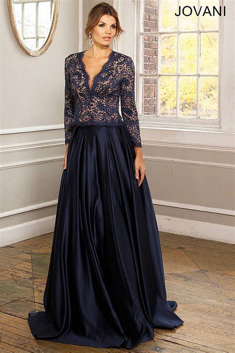 Navy Long Sleeve Plunging Neckline Lace Evening Ballgown With Satin Skirt