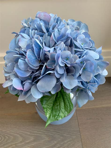 blue real touch hydrangeas hydrangeas in glass vase floral etsy