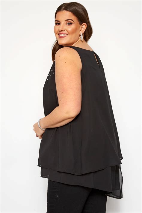 Black Diamante Double Layer Chiffon Top Yours Clothing