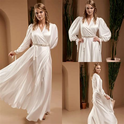 2020 Sexy Silk Wedding Robes Gown For Women Deep Neck Beading Sash