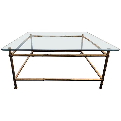 Gilt Metal Faux Bamboo Thick Glass Top Square Coffee Table For Sale At