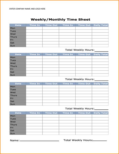printable monthly time sheets printable timesheets timesheet
