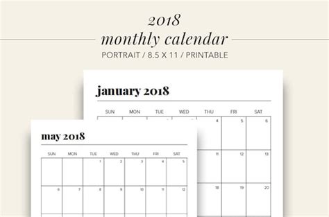 monthly portrait calendar printable planner calendar