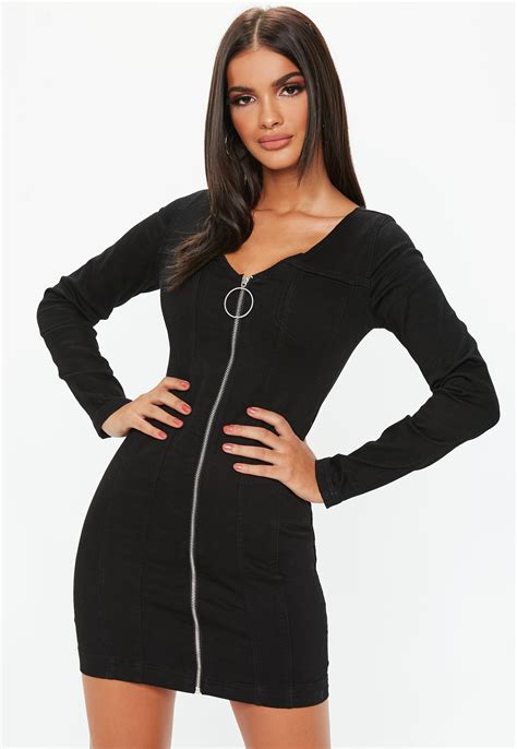 black denim zip through long sleeve fitted mini dress missguided