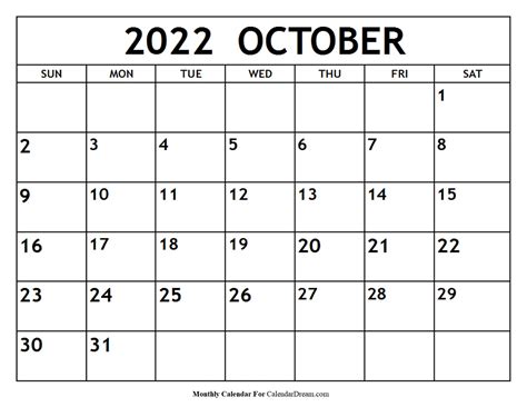 blank october  calendar printable template
