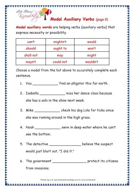grade  grammar topic  modal auxiliary words worksheets lets share