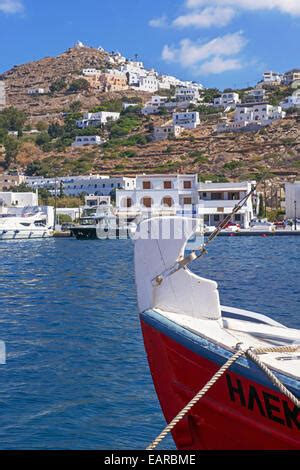 port  hora  colorful fishing boats   greek island  mykonos greece stock photo