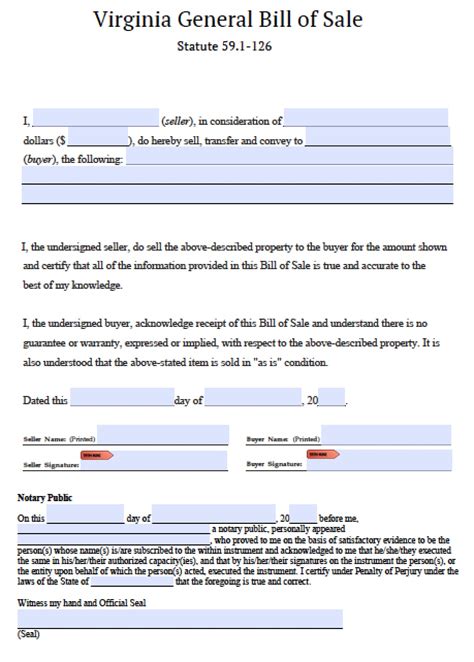 virginia personal property bill  sale form  word