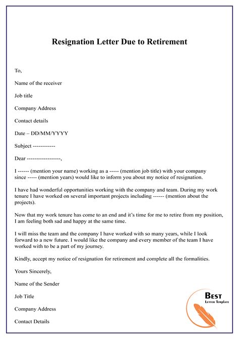 resignation letter due  retirement   letter template