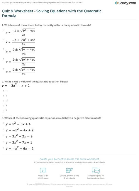 quiz worksheet solving equations   quadratic formula studycom