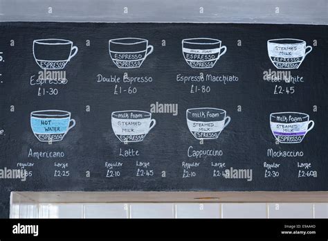 menu  price list  coffee drinks   blackboard   cafe  cornwall uk  stock photo