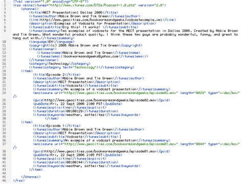 screen shot  xml code  includes  vodcasts