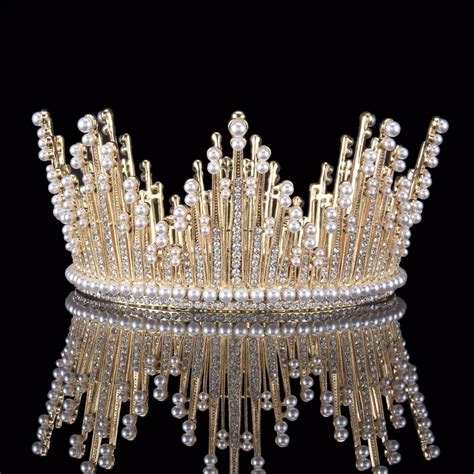 vintage gold pearl tiara  big crown crystal rhinestones bride hair