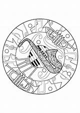 Mandala Mandalas Coloring Music Jazz Pages Adults Piano Notes Saxophone Do Trumpets Composed Melodious sketch template