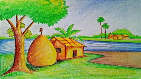 draw  village scenery step  step  easy youtube