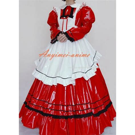 sexy sissy maid red pvc lockable dress uniform cosplay costume tailor