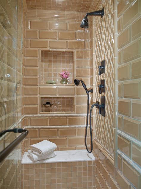 enclosed shower with glass tile and built in bench hgtv