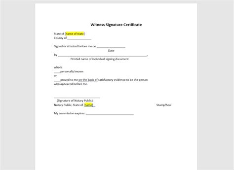 notary witness signature certificate form notary witness signature