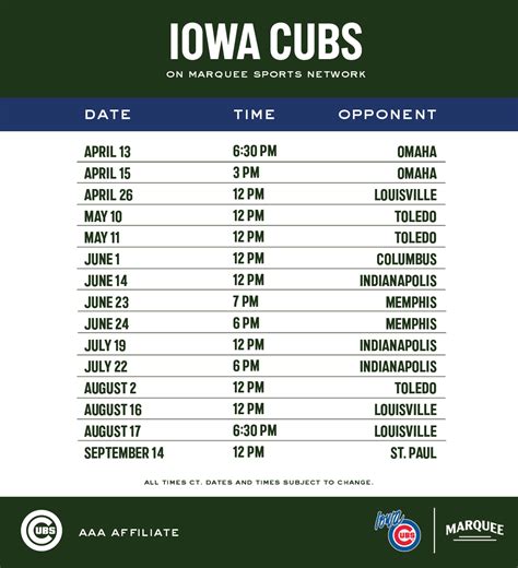 iowa cubs minor league baseball schedule  marquee sports network
