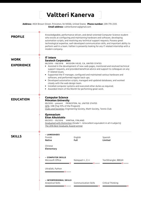 intern resume template kickresume