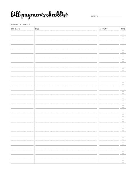 printable monthly bill checklist printable templates