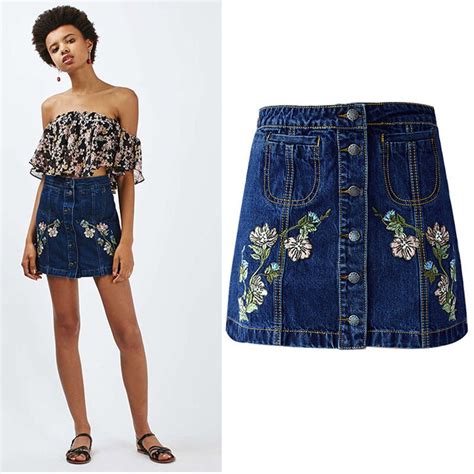 european and american 3d flower embroidery mini denim skirt high waist