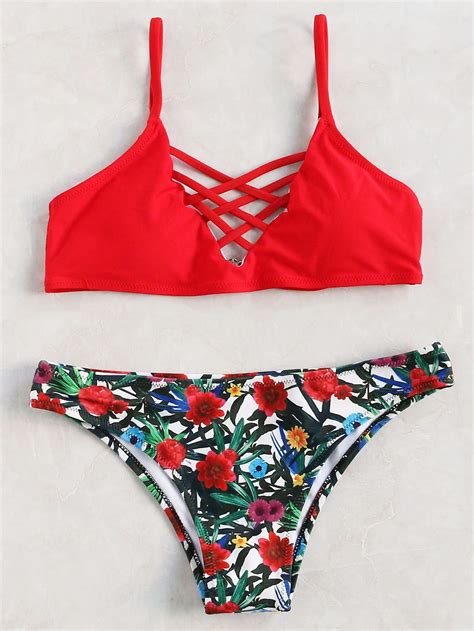 floral print crisscross bikini set shein sheinside