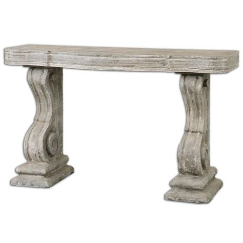 ornate carved distressed stone scroll console table rustic