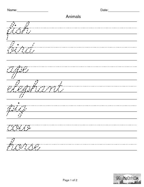 animals cursive writing practice worksheet    grade