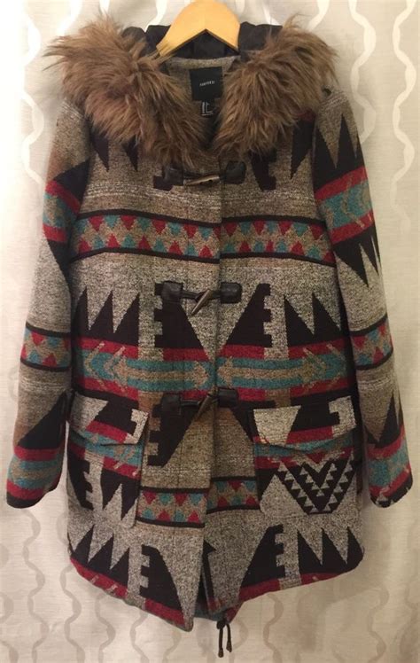 forever 21 tribal aztec print toggle parka winter coat fur lined hood