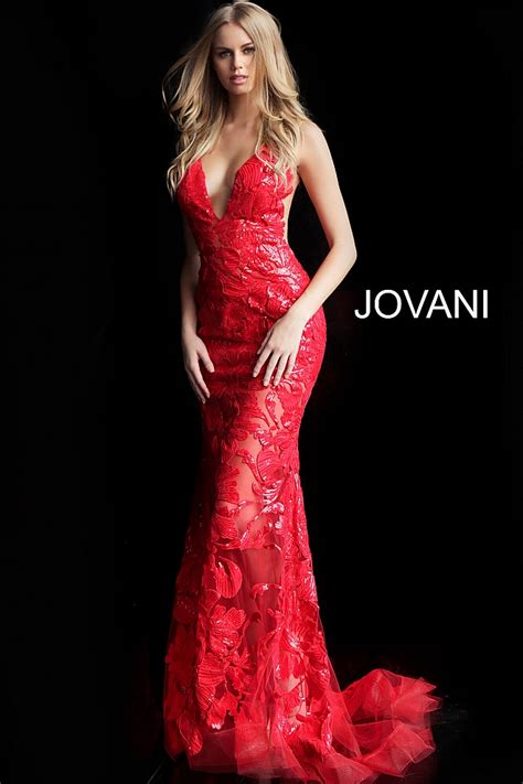 jovani 60283 red sequin embellished sheer plunging prom dress